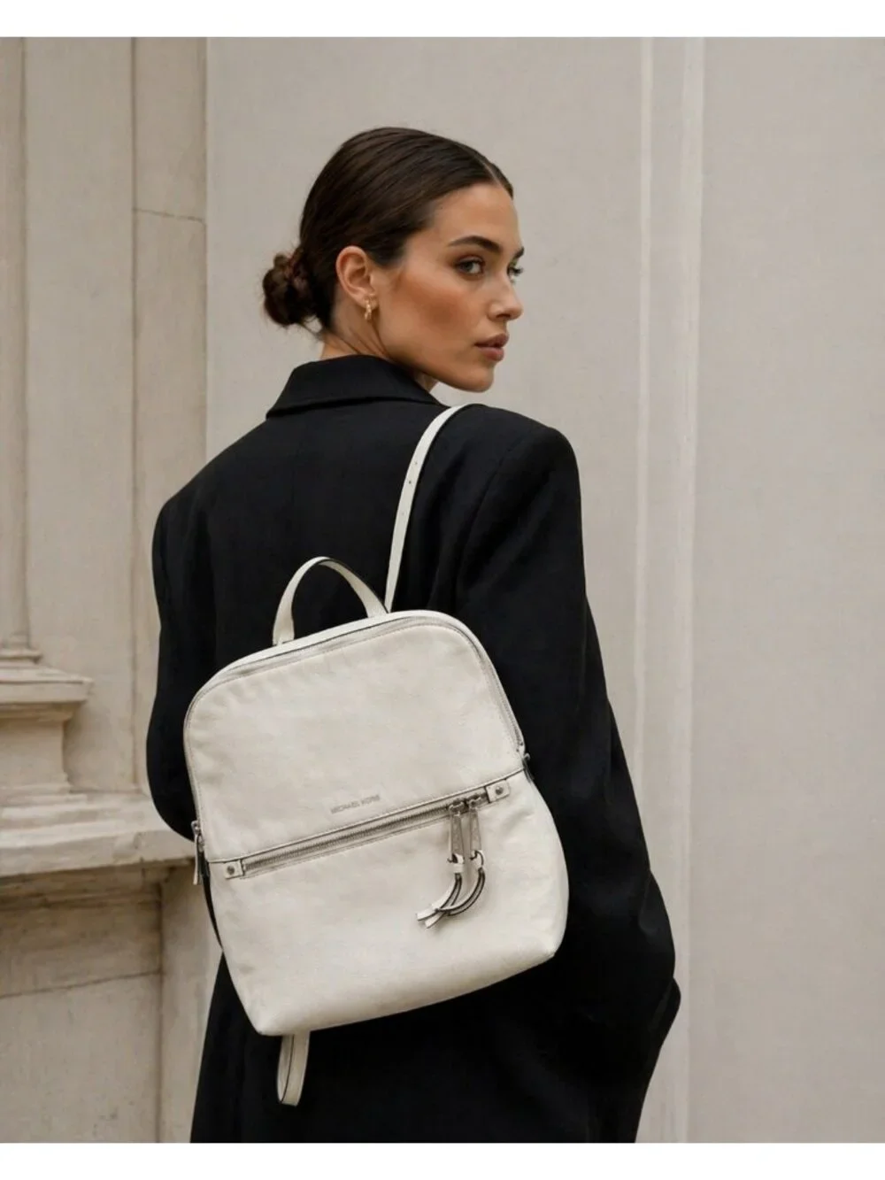 Michael Kors White Leather Backpack Women MK Gold Hardware Medium Travel Work